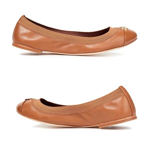 TORY BURCH Jolie Beige Patent Leather Cap-toe Gold Logo Ballet Flats Sz 6.5 M - Picture 2 of 14